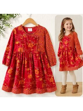 Hanna Andersson Girls Red Floral Dress Sz 110 (4-5) Long Sleeve Boho Twirl